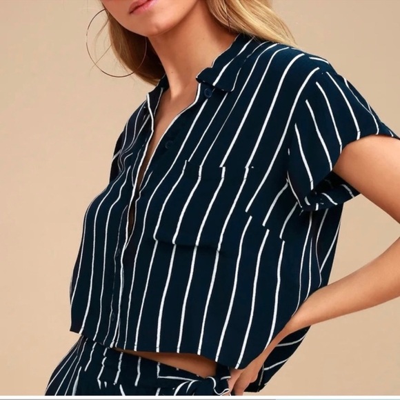 Billabong Tropical Crush Navy Blue Striped Button-Up Crop Top- Size Small - Picture 10 of 14